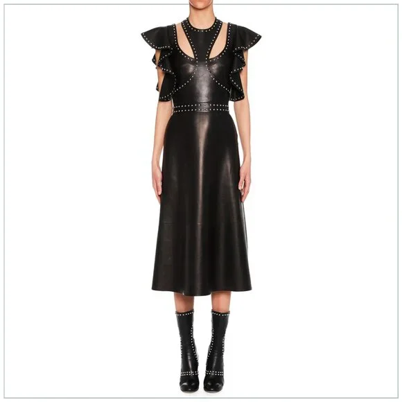 $8990 Alexander McQueen Studded Trim Lamb Leather Ruffle Runway Midi Dress - Picture 7 of 11